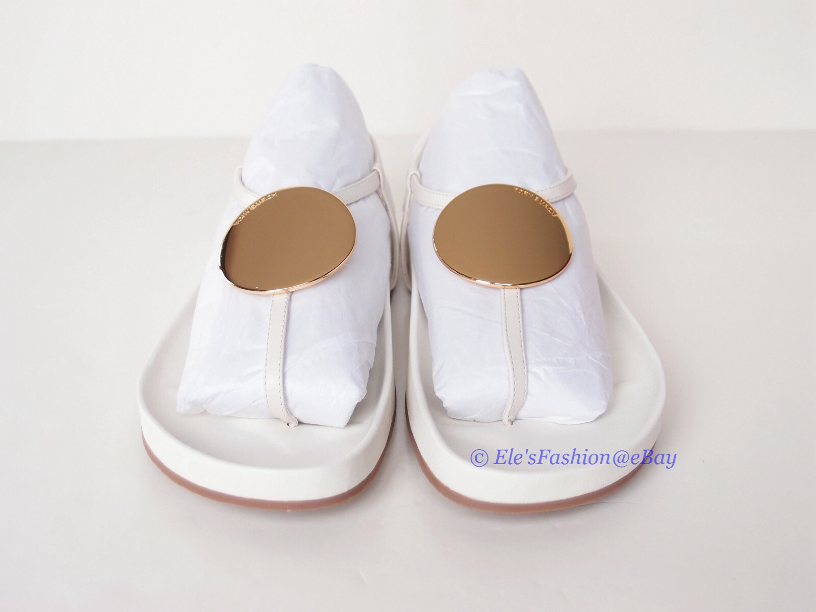 Pre-owned Tory Burch Patos Disk Thong Cloud Leather Sandal Ivory Us 9 Authentic In White