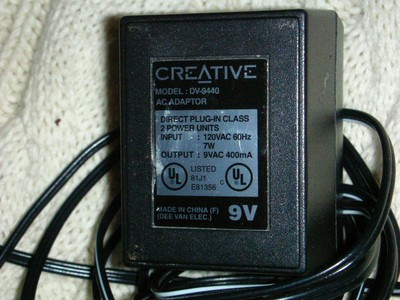 CREATIVE MODEL DV9440 AC ADAPTER IN: 120VAC 60HZ 7W OUT: 9VAC 400mA CLASS 2