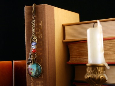Antique Gold Finish Paris Bookmark Cabochon Eiffel Tower, Love Letter, Swarovski