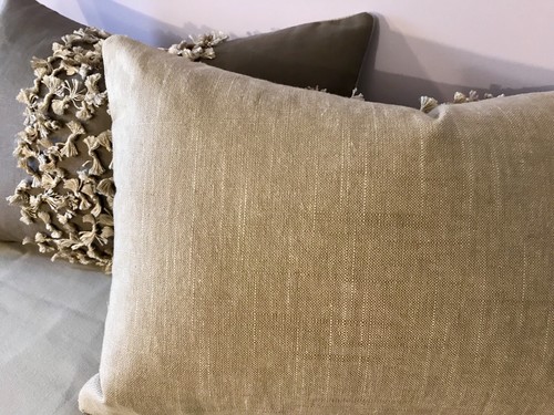 SET OF 2, THREADED EMBROIDERY “BOW” TIES LINEN PILLOWS