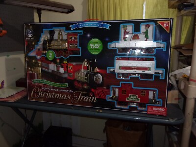 christmas train blue hat north pole junction 34 piece 20 ft track w/ box