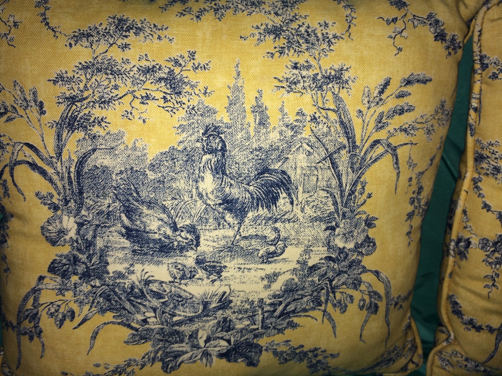 2 Waverly La Petite Ferme Blue & Yellow Gold Rooster French Country Toile Pillow