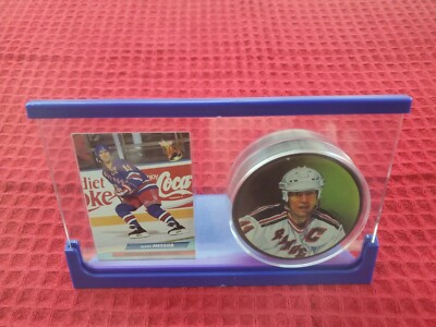 SUPERSTAR Hockey Puck Picture Card Holder stand Clear Acrylic Blue framing