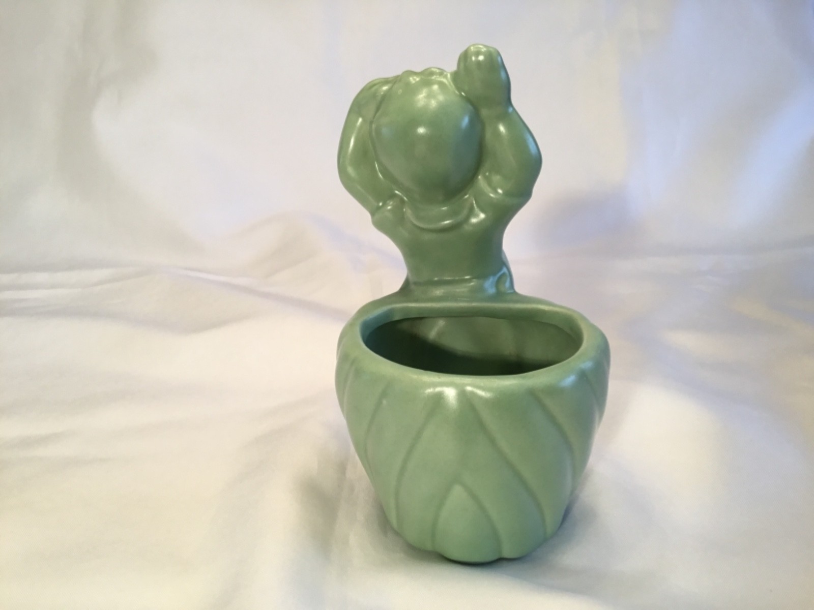 Vintage Little Boy Hands In Air Planter Matte Green (McCoy?) Art Pottery EUC!