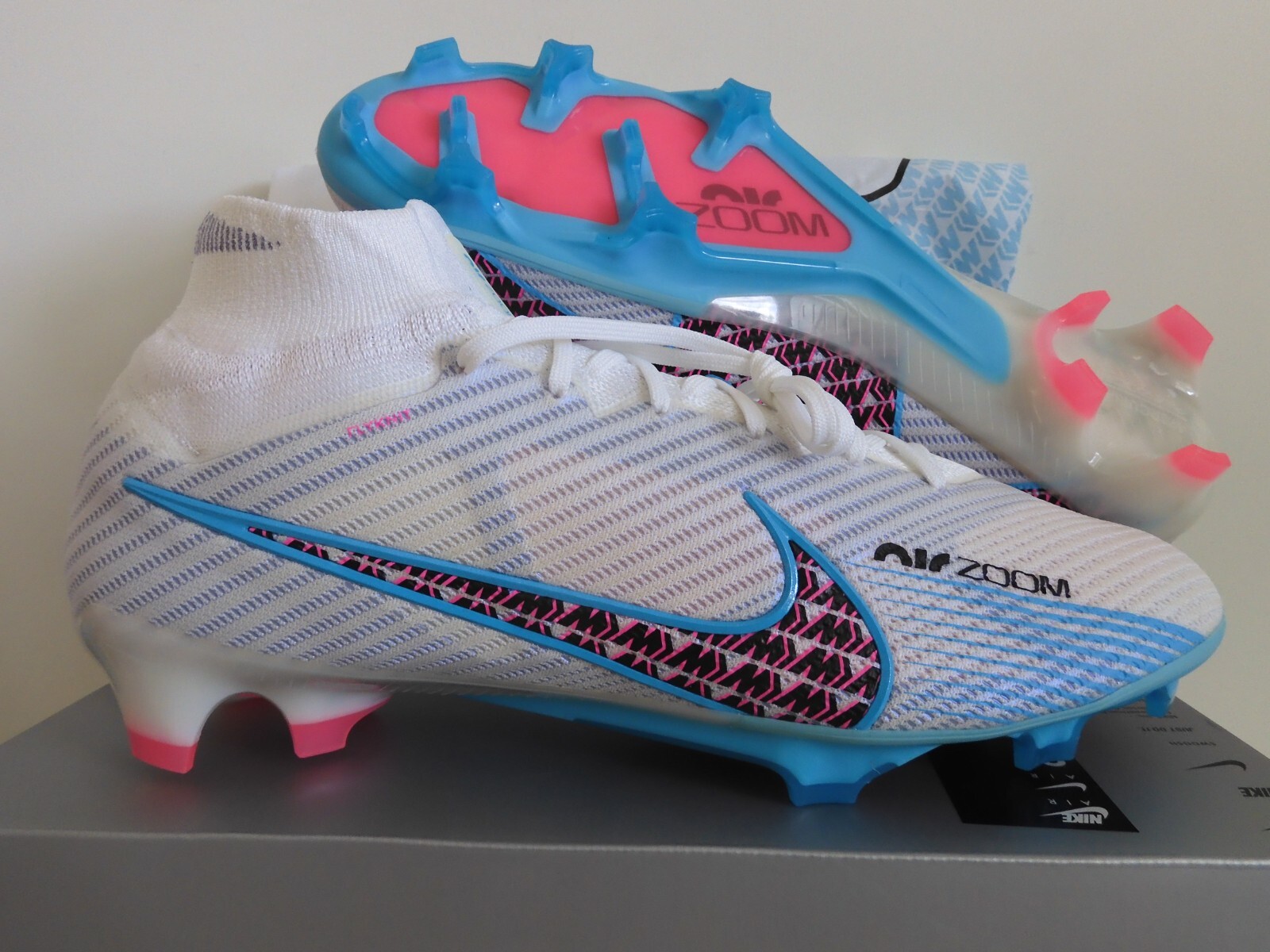 NIKE ZOOM MERCURIAL SUPERFLY 9 ELITE FG WHITE-BALT BLUE-PINK