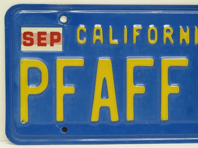 California License Plate PFAFF 01 Vanity Plate 1983 Sticker Embossed Yellow Blue