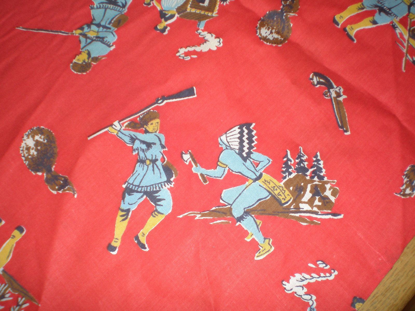 Vintage FABRIC Pioneers Western Cowboys, Indians, Coonskin Hat ~ Fat Quarter