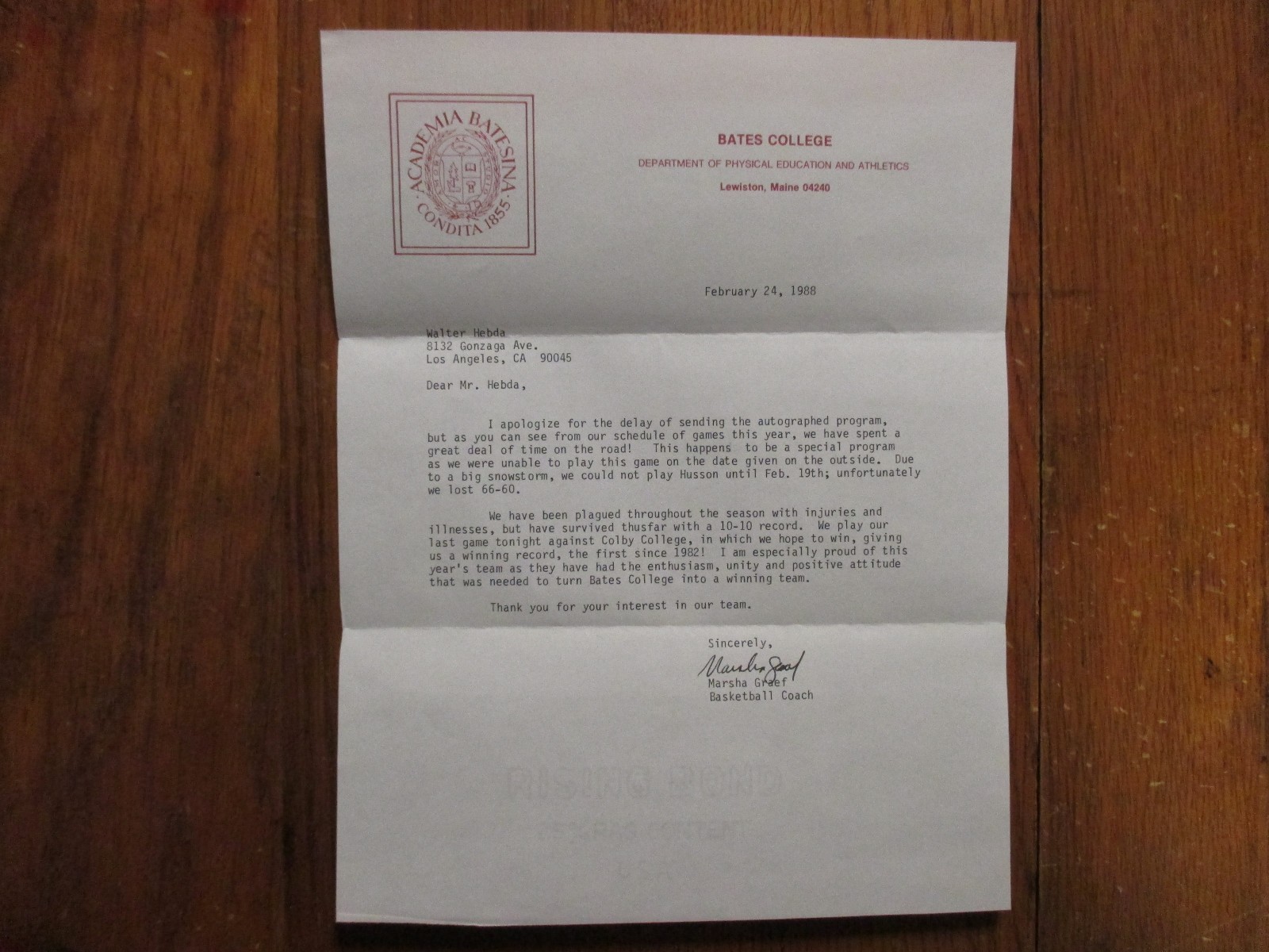 MARSHA GRAEF(Died-'15)Signed 1988 Personal Letter-Bates College Basketball Coach