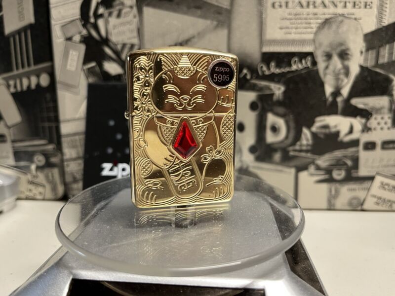 Zippo Brass Armor Lucky Cat Lighter With Red Inlaid Jewel, 49802, New In Box
