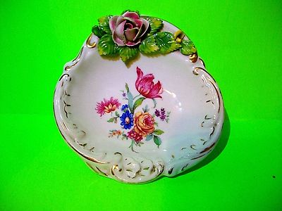 Vintage Rice Bowl Very Heavy Gold Moriage Trim Pink Roses Green Leaves Lavender Purple Floral Rings Small Pedestal Rim Beaded Collectible