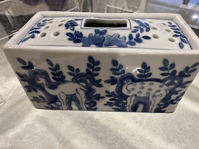 RARE  Antique Delft Blue & White Porcelain Faience Flower Frog Vase Brick 6''