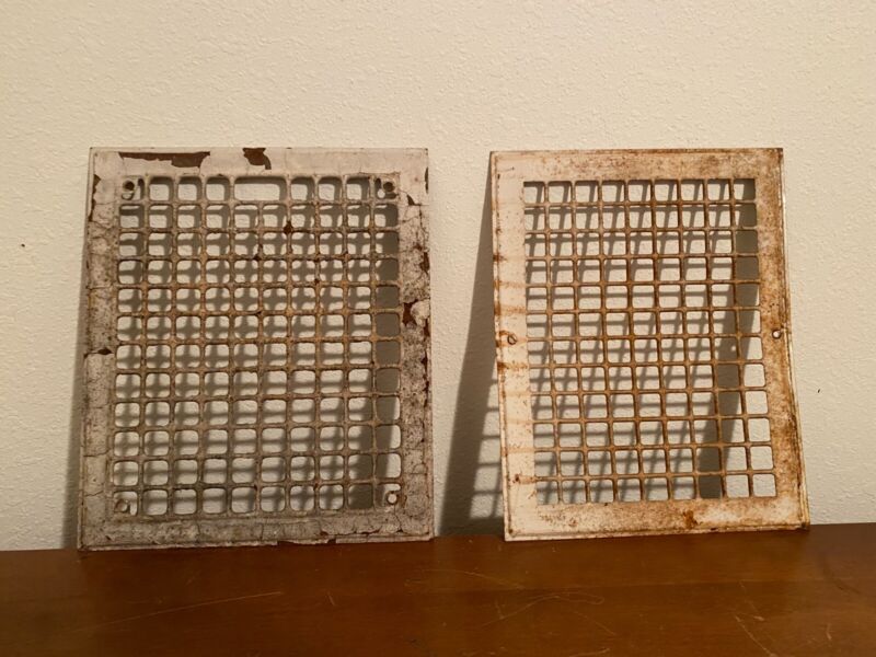 2 Vintage Metal Wall/Floor Heating Vent Grates 14"  x 12"  and 14"  x 11"
