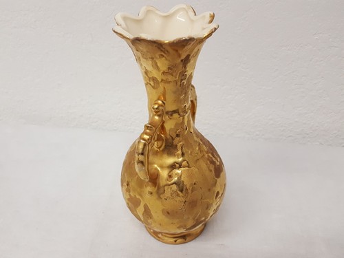 Vintage Weeping 24K Gold Drip Vase Double Side Handles Scalloped Top Opening