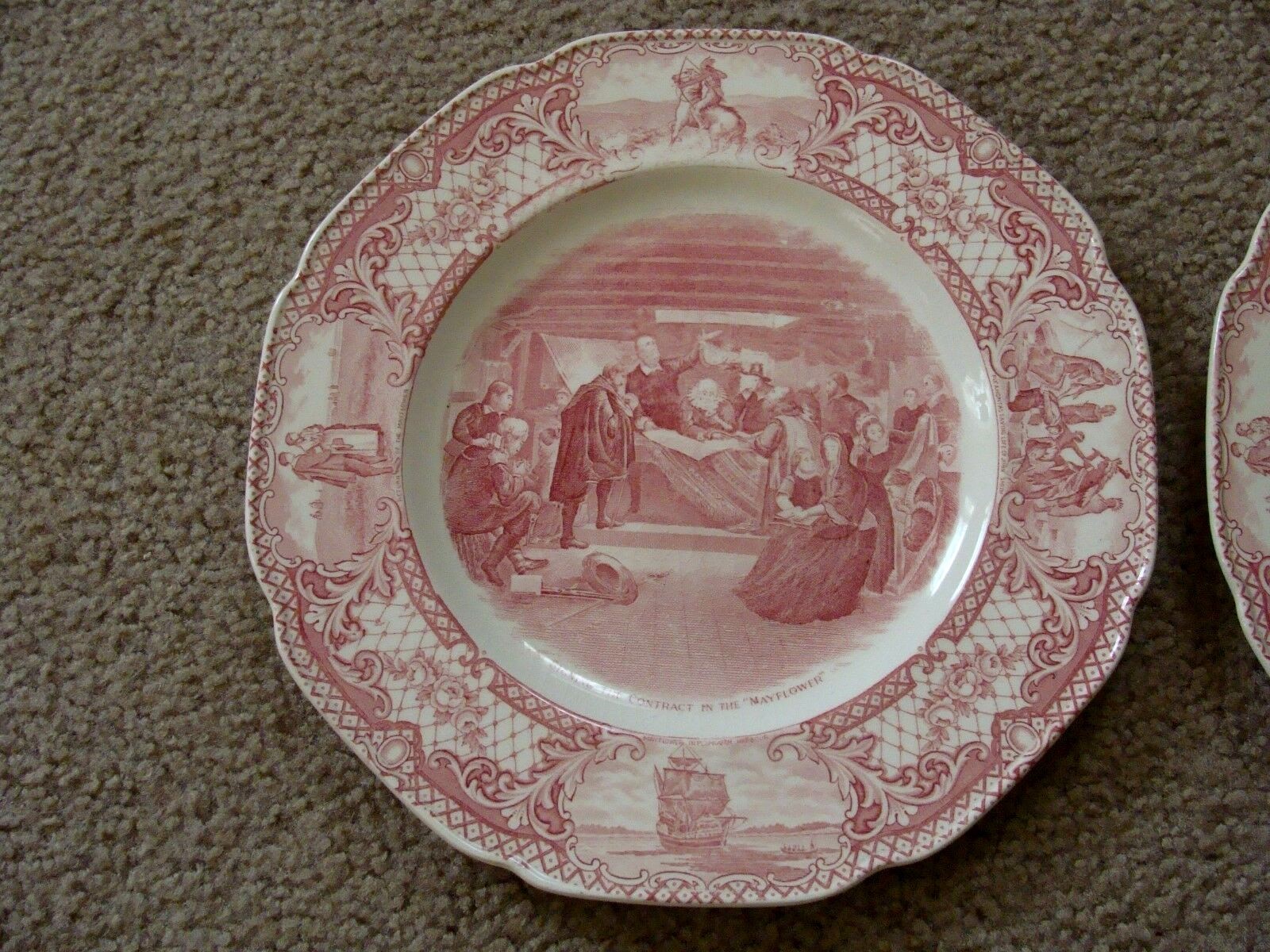 Two Vintage Crown Ducal Colonial Times Pink Plates - Pocohontas & Mayflower 10.5