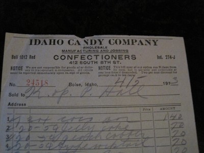 1913 Idaho Candy Confectioners Receipt Boise Idaho Ephemera