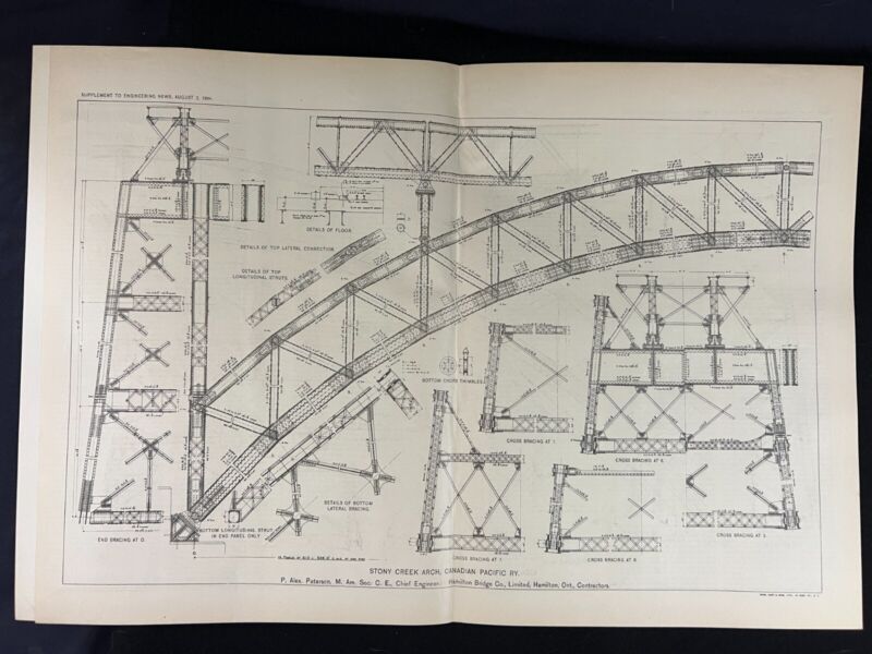 1894 Antique Industrial Drawing Stony Creek Arch, Canadian Pacific RY.