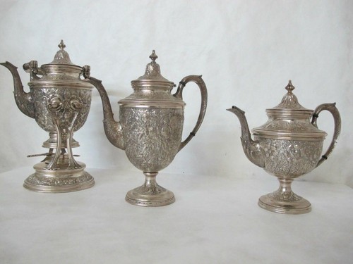MANCHESTER STERLING COFFEE/TEA SET, REPOUSSE “SOUTHERN ROSE” PATTERN. 3 PIECES