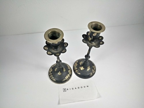 Antique Black and Sterling Silver Candle Holder Pair - India