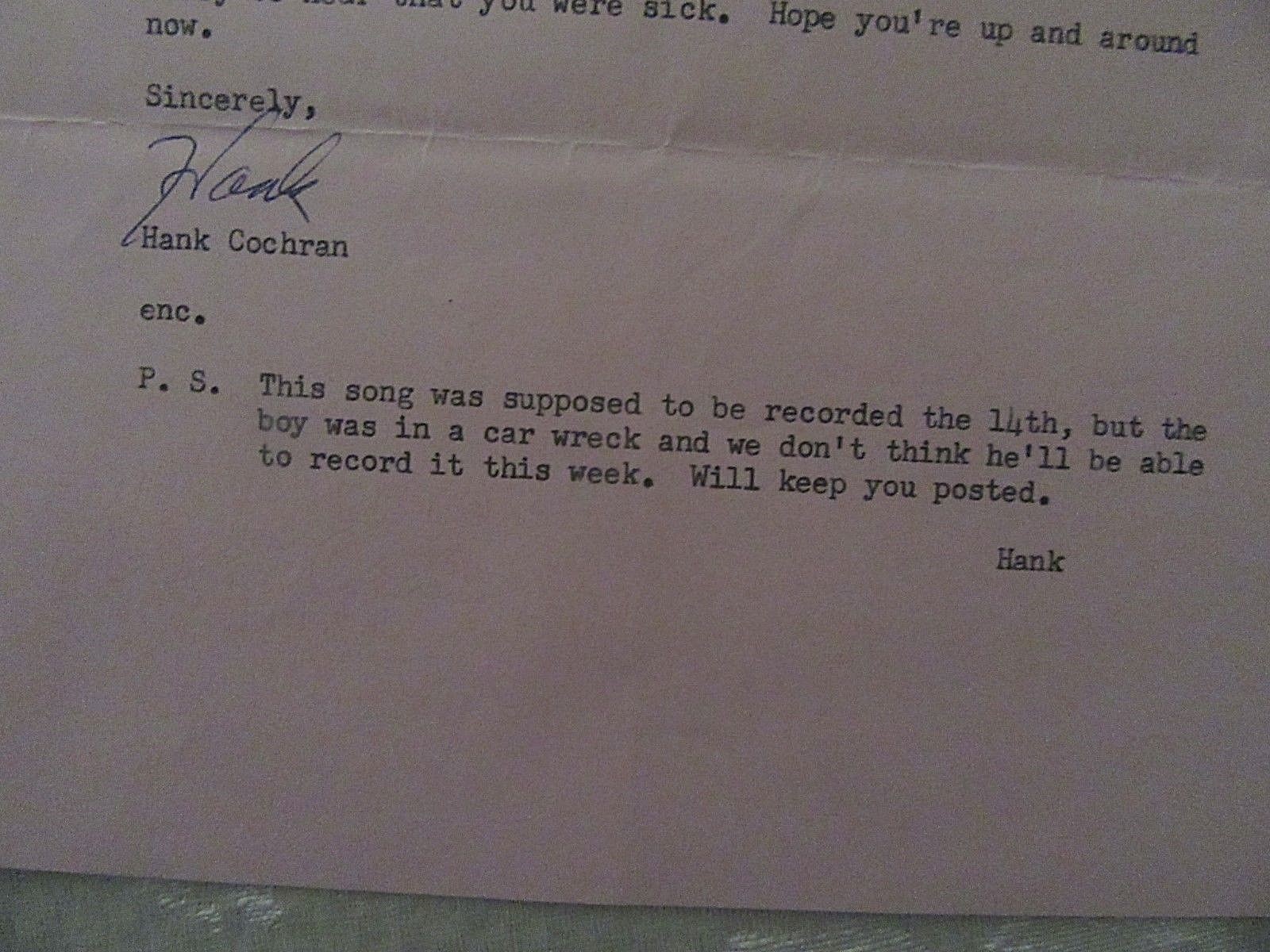 PAMPER MUSIC, INC. Sign by HANK COCHRAN. Dec 12, 1960. Original