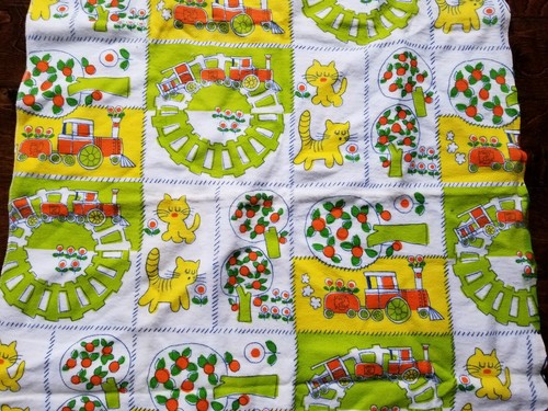 Vintage Retro 1970's Childs Fleece Blanket Super Bright Colors Trains Kittens