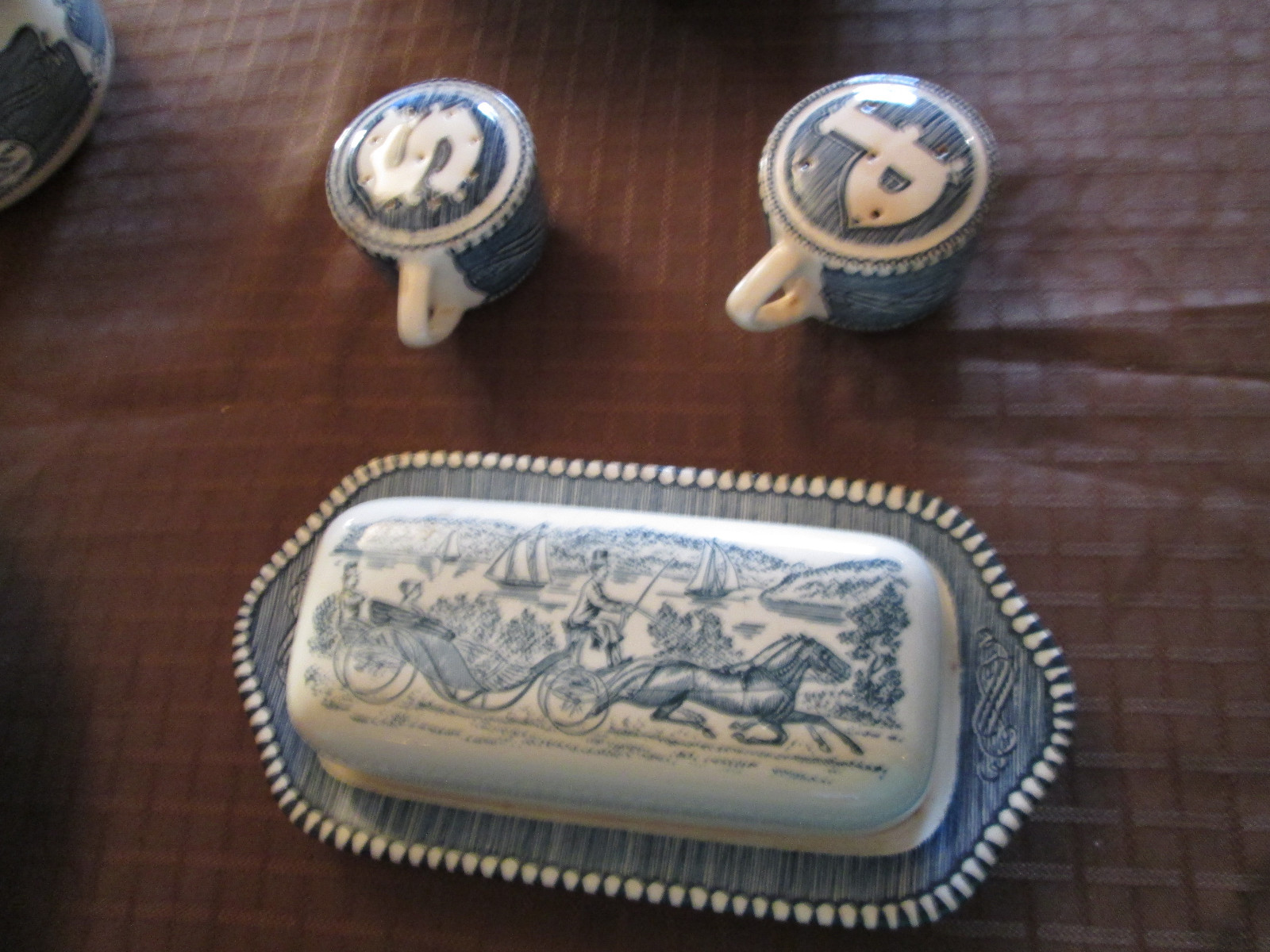 Vintage Currier & Ives Blue White Royal China Dishes The Old Grist Mill 50 pieac