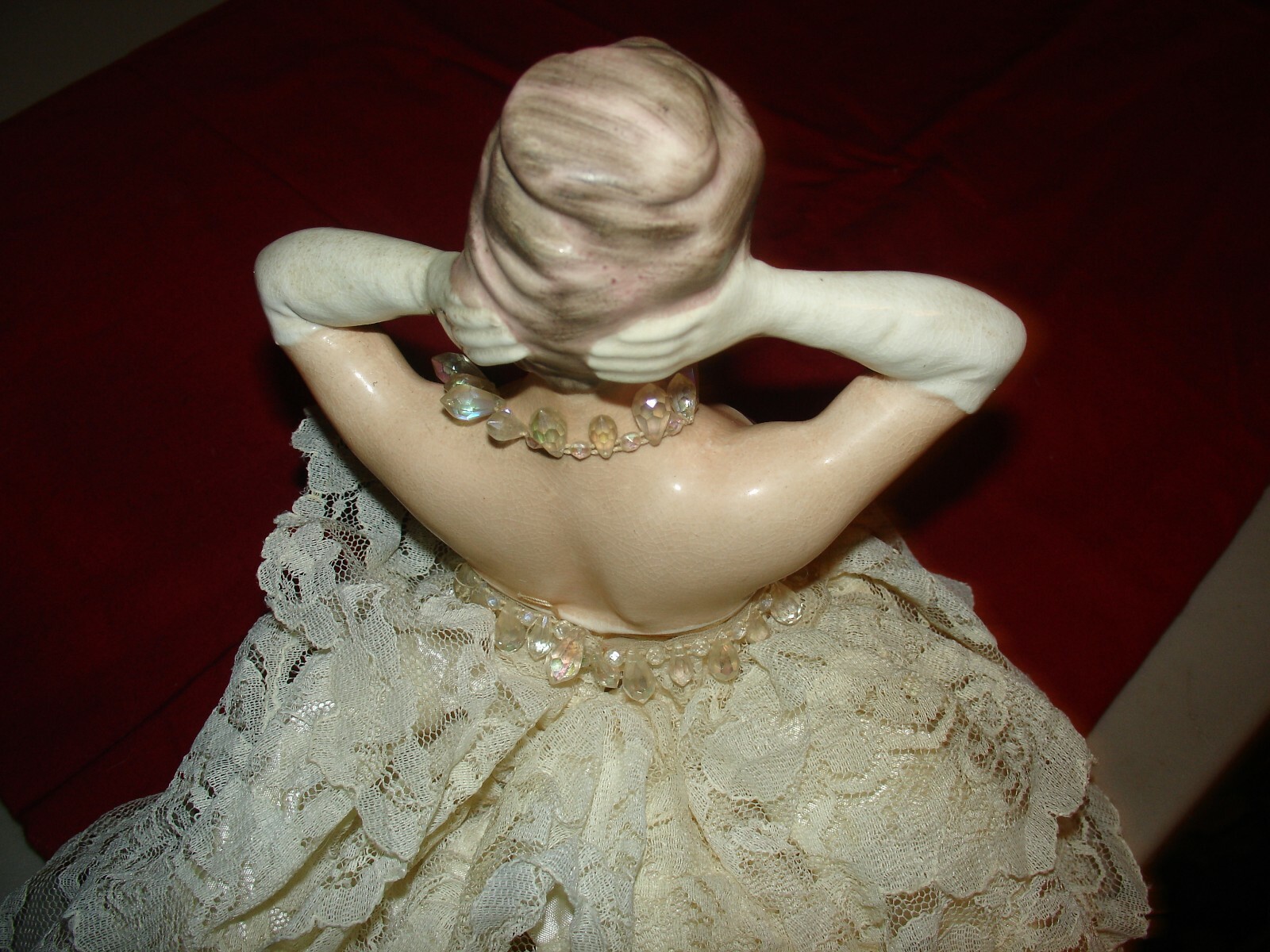 vintage porcelain 7 inch half doll with dress/necklace