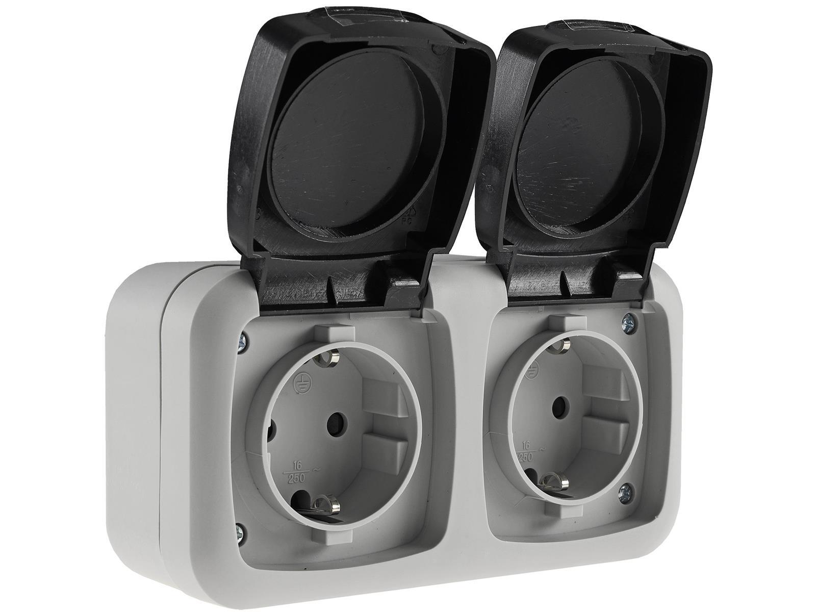 Feuchtraum Doppel-Steckdose 2 fach IP44 250V16A, inkl. AP-Rahmen, grau