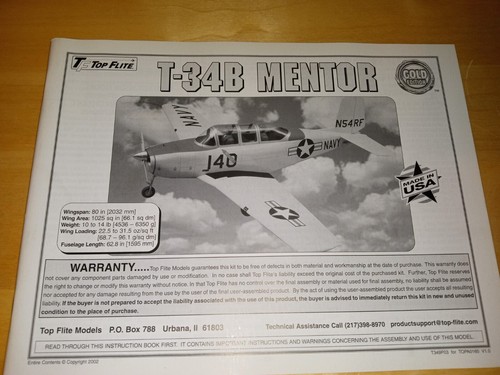 Hobbico Top Flite T-34B Mentor Giant Scale Manual Instruction Book T349P03