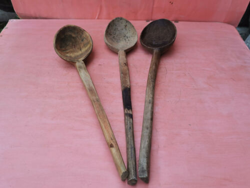 OLD ANTIQUE PRIMITIVE WOODEN HANDMADE LONG RARE CARVED SPOONS PADLE - LOT OF 3