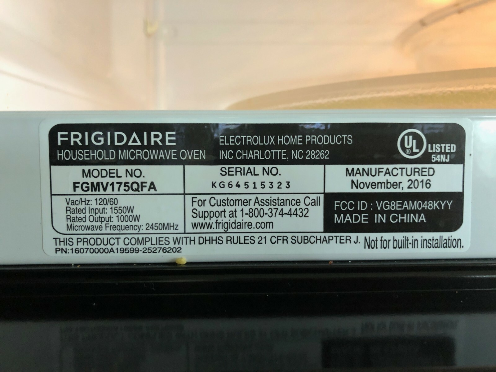 Frigidaire Microwave FGMV175QFA Wiring Harness and Power Cord