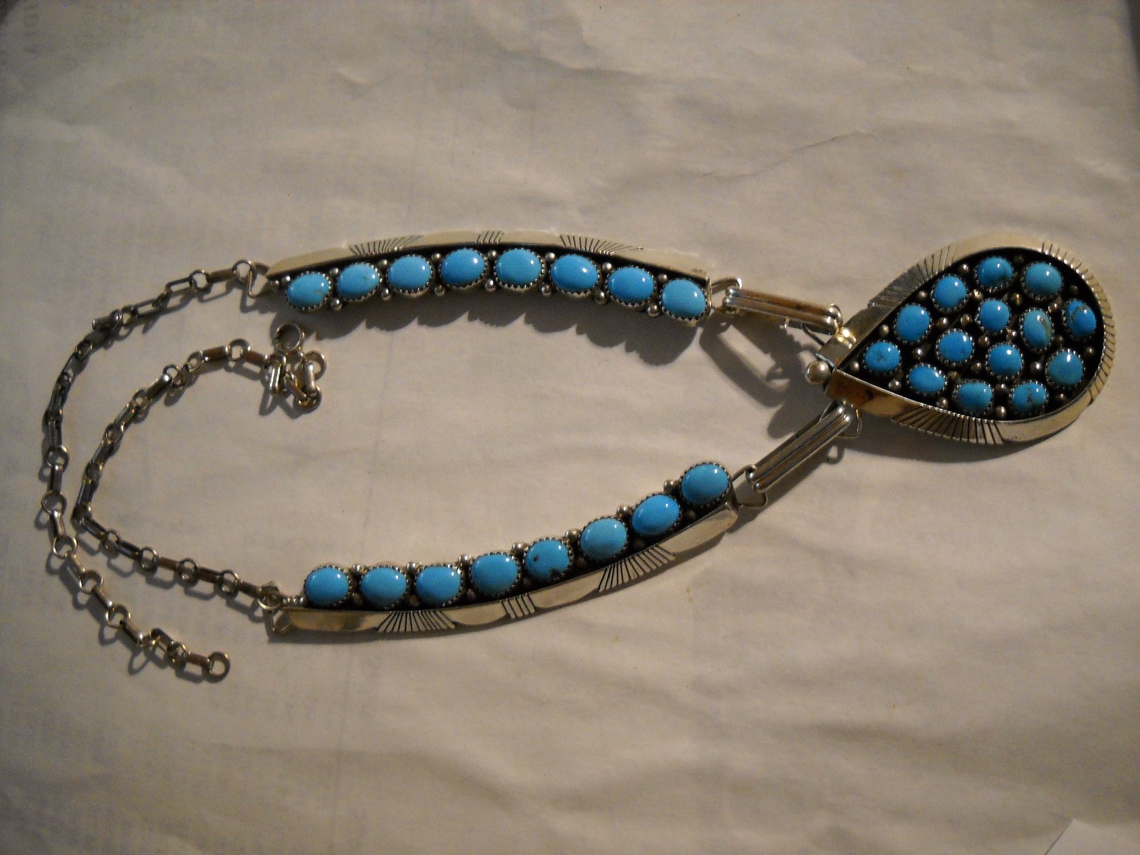 ~Vintage Southwest Marked 925 Sterling Silver Signed H Teardrop Turquoise Neckla