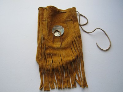 X-Large Possibles Half Moon Drawstring Leather Bag w/Abalone Shell Rendezvous