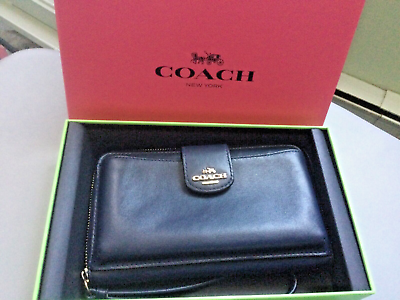NEW COACH AUTHENTIC LEATHER WRISTLET WALLET COLOR NAVY COMES IN BOX FROM MACYS