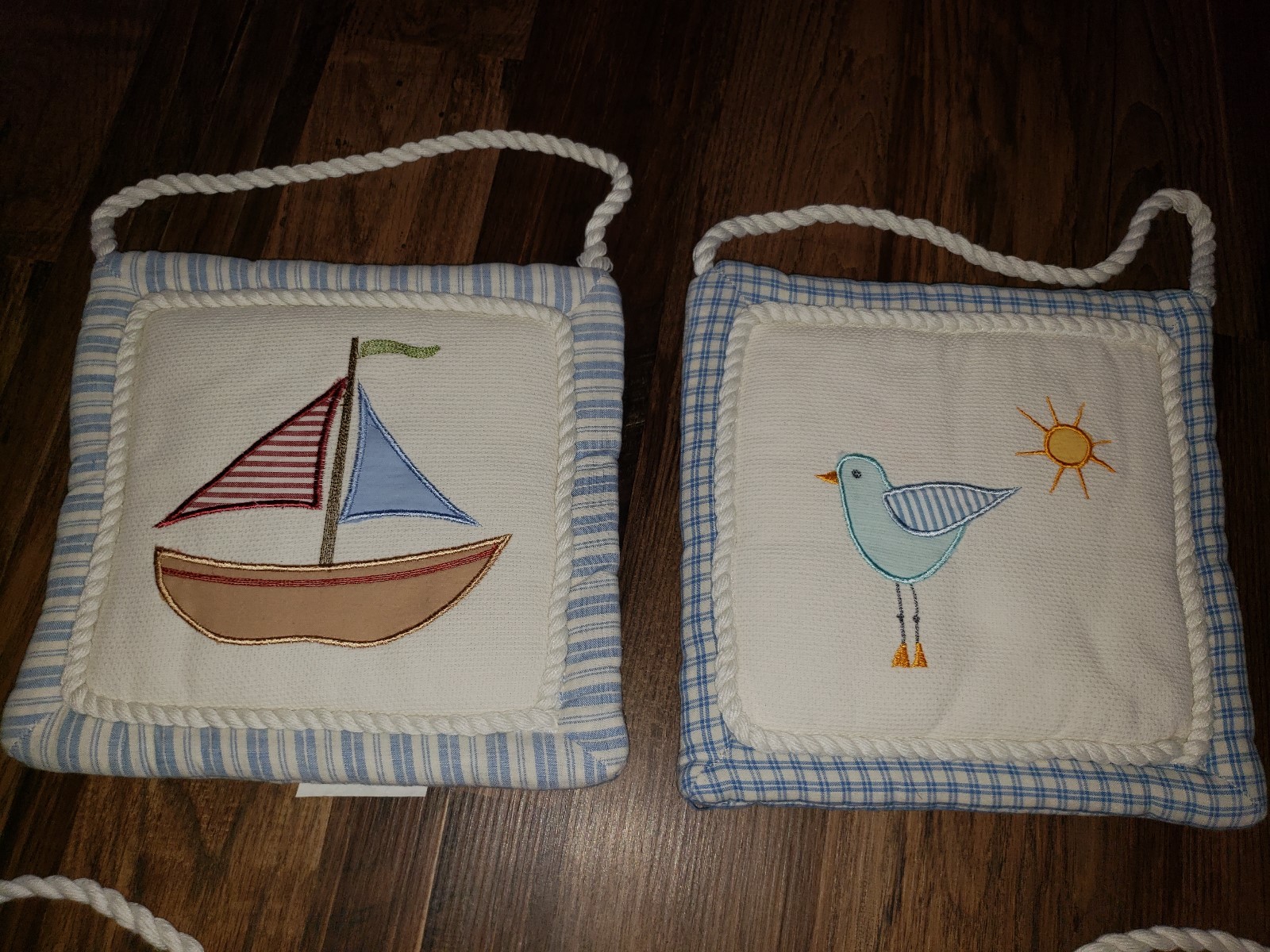 5 KOALA BABY BLUE & WHITE WALL HANGING EMBROIDERED NAUTICAL SAILBOAT LIGHTHOUSE