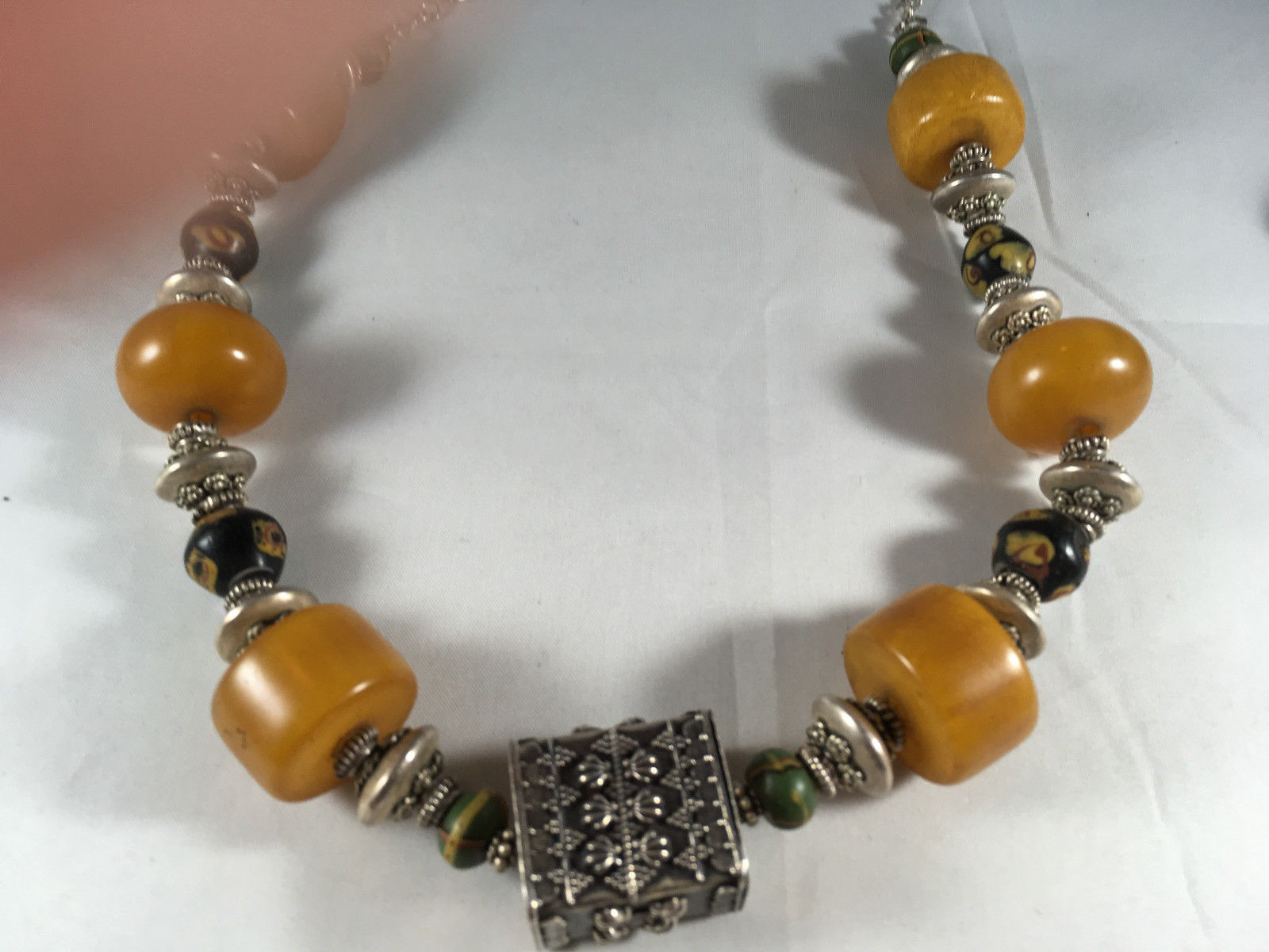 Vintage African Trade Bead Necklace with Amber and Sterling silver