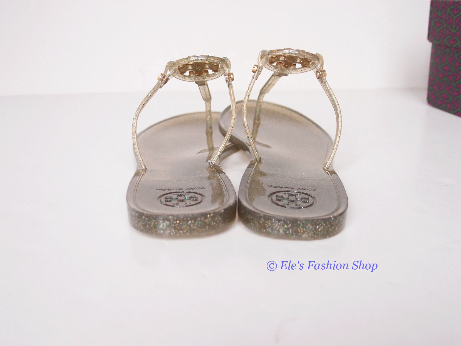 Pre-owned Tory Burch In Box  Mini Miller Jelly Thong Sandals Green Silver Gold Us 7