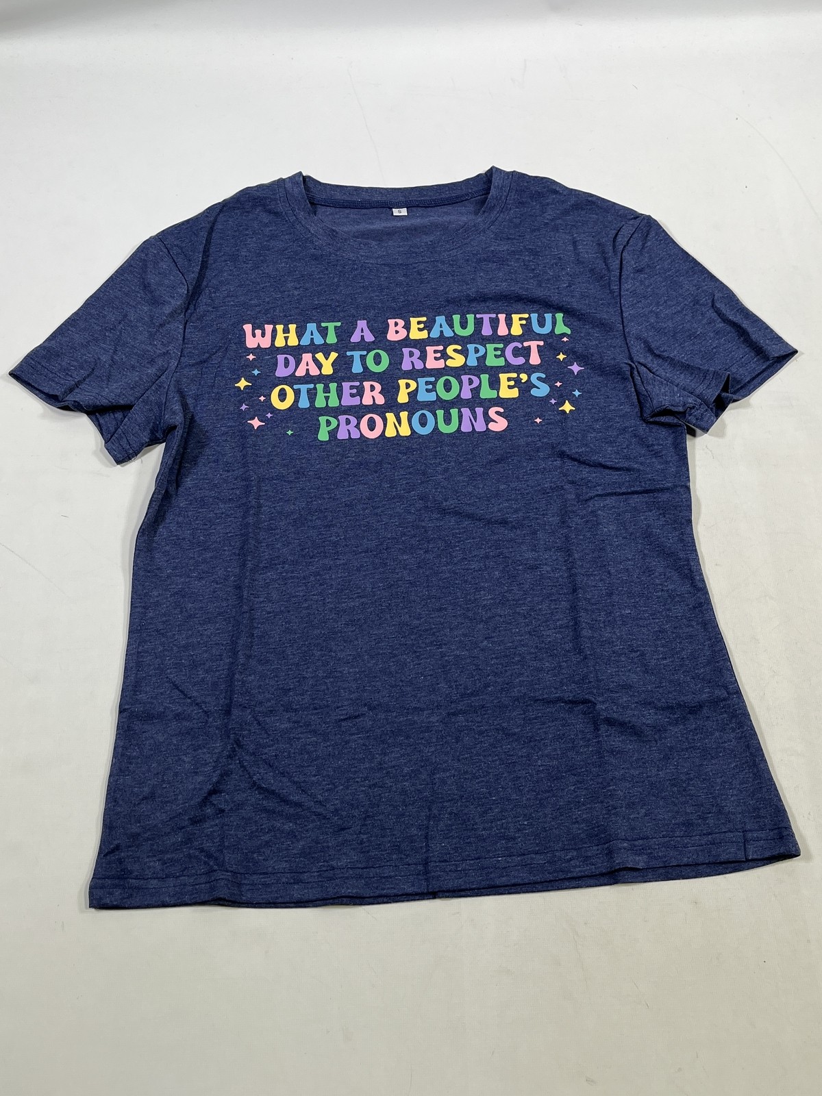 Womens Blue Rainbow Respect Pronouns T Shirt Small S NWOT