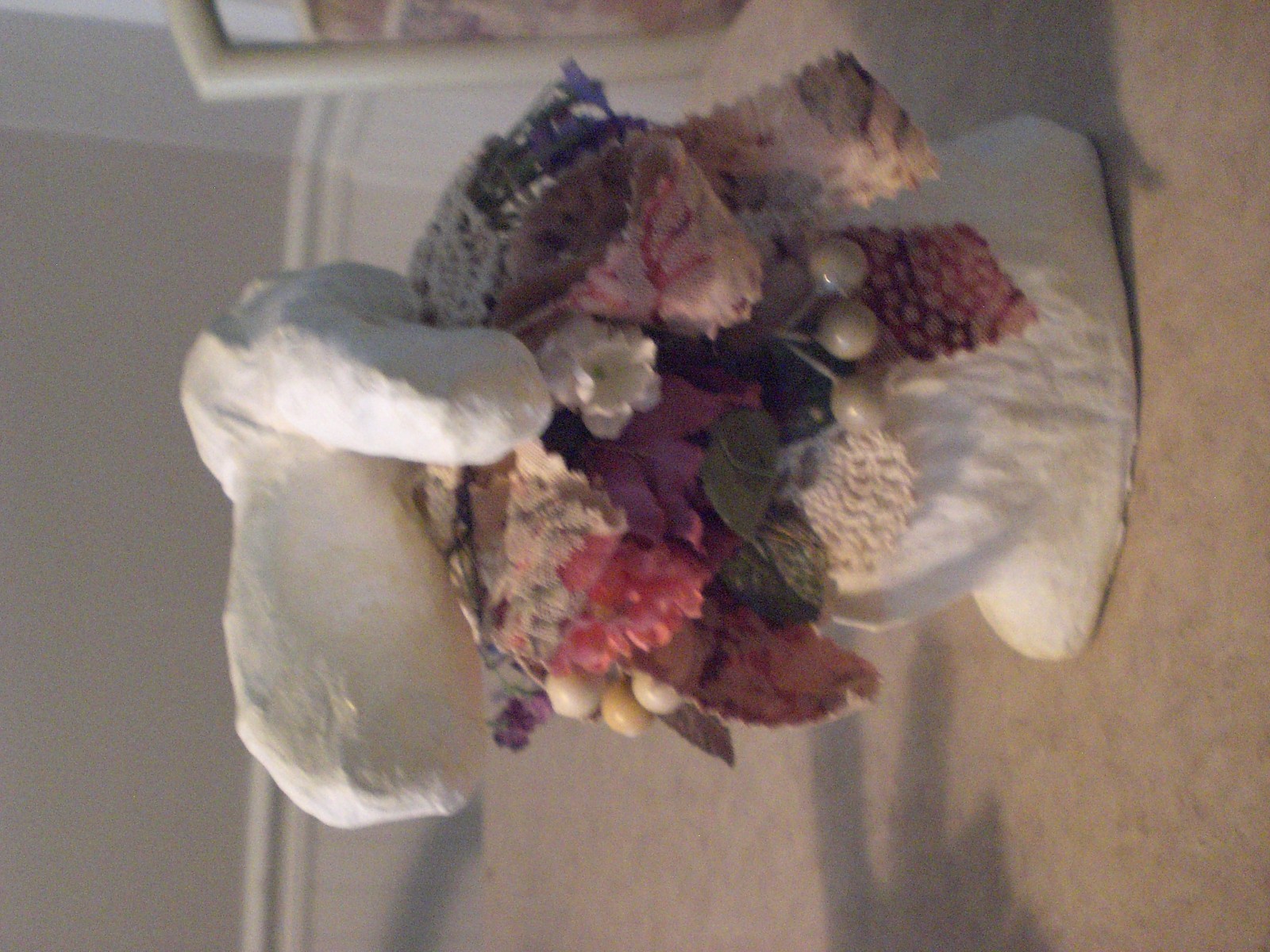 Bunny Rabbit  Figurine Lot of 2- Home Decor-Doily/ Floral/Ribbon- Paper Machet