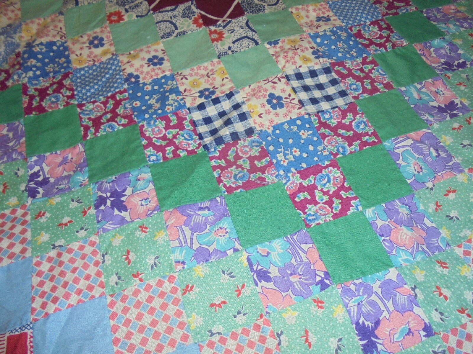 Vintage patchwork quilt top feedsack material 65 X 67