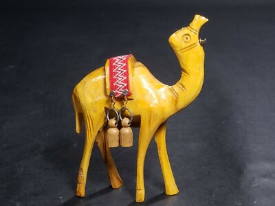 Vintage Carved Olive Wood From Jerusalem Figurine Camel w/ Cloth Saddle