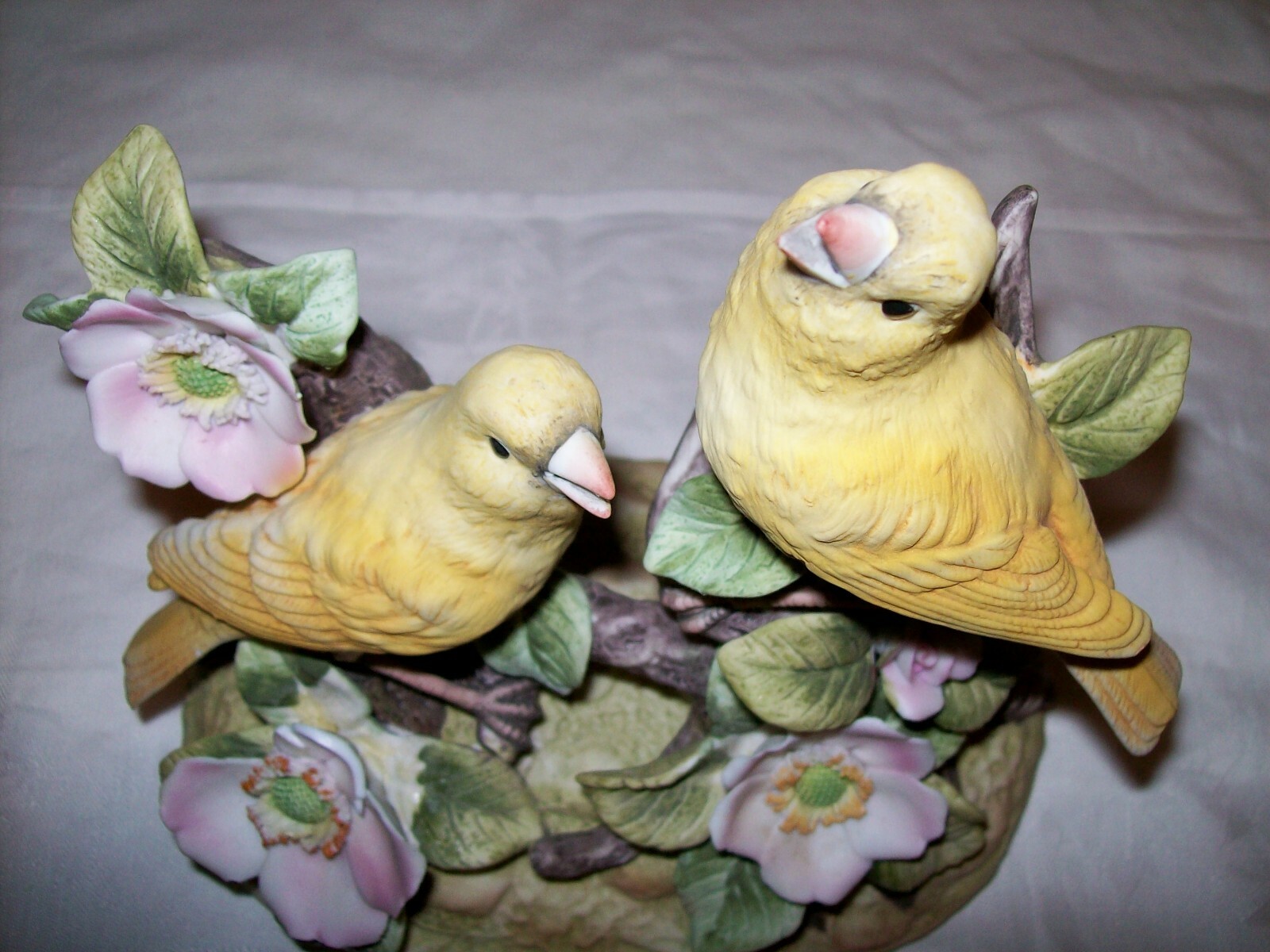 Canary by Andrea Sadek- Canaries on branch w/ Pink Flowers~Bisque Porcelain