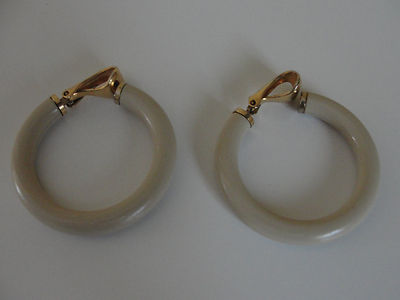 Vintage KIM Beige Hoop With Gold Tone Clip Back Earrings