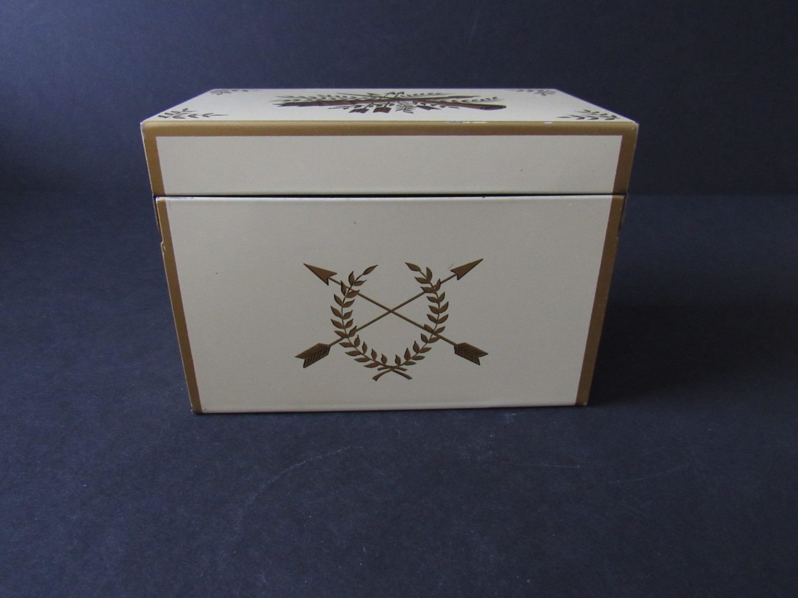 Vtg. Ohio Art Recipe Tin With Matching Tray, Wheat & Arrows Pattern. Exc. Cond.