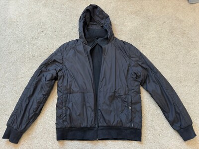 HUGO BOSS Reversible Polyester Zip Bomber Hoodie Jacket Black Mens Size Large L