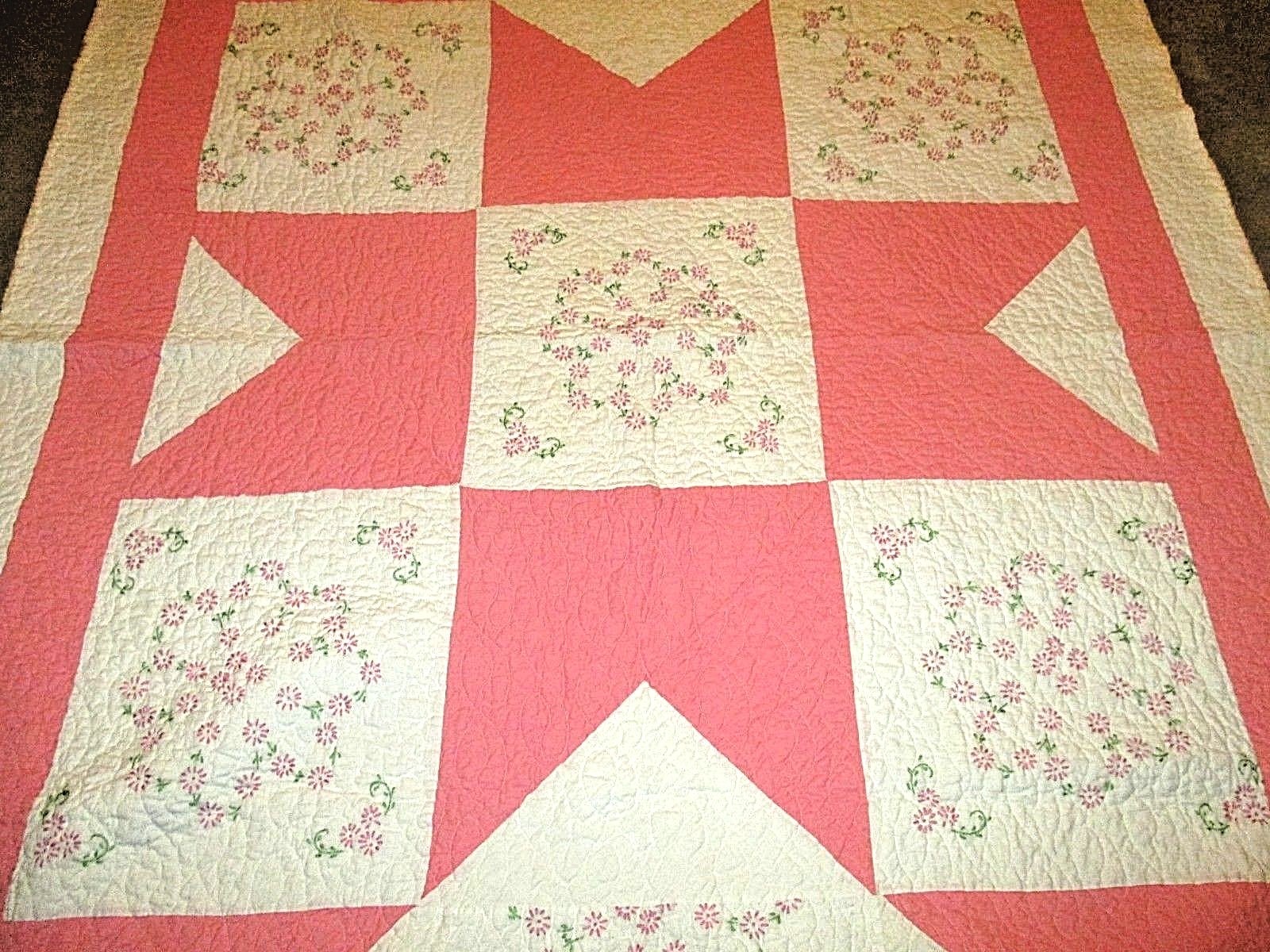 Hand Sewn Embroidery Machine Quilted Bed Spread Coverlet Twin
