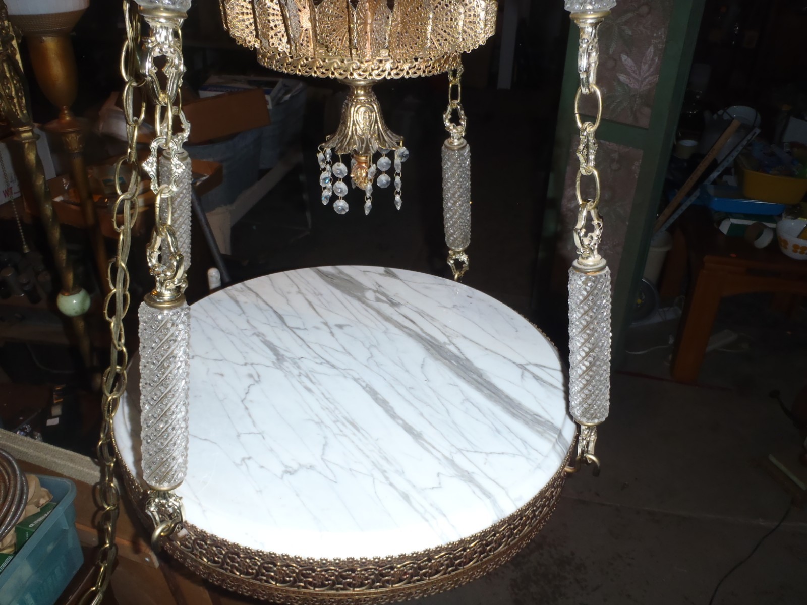 RARE VINTAGE CHANDELIER WITH MARBLE BASE,STUNNING TALL WITH GLASS PRISMS