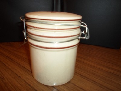 Cream Colored With Rose -  Stoneware  Crock - Canister w/ Lid & Seal & Wire Bail