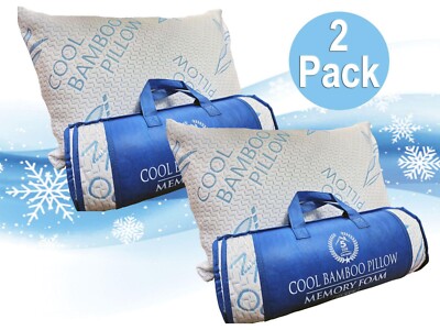 2 Pack Cool Bamboo Pillow Queen Memory Foam Gel Pillow Adjustable Neck Support