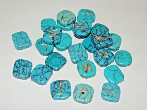 Turquenite Blue Howlite  Engraved Rune Stone Set, w/Chart n Cloth Bag (eb666)