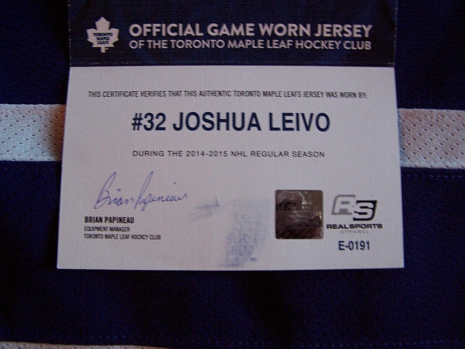 JOSH LEIVO 2014-2015 game used jersey LEAFS/CANUCKS..comes WITH COA from MLSE
